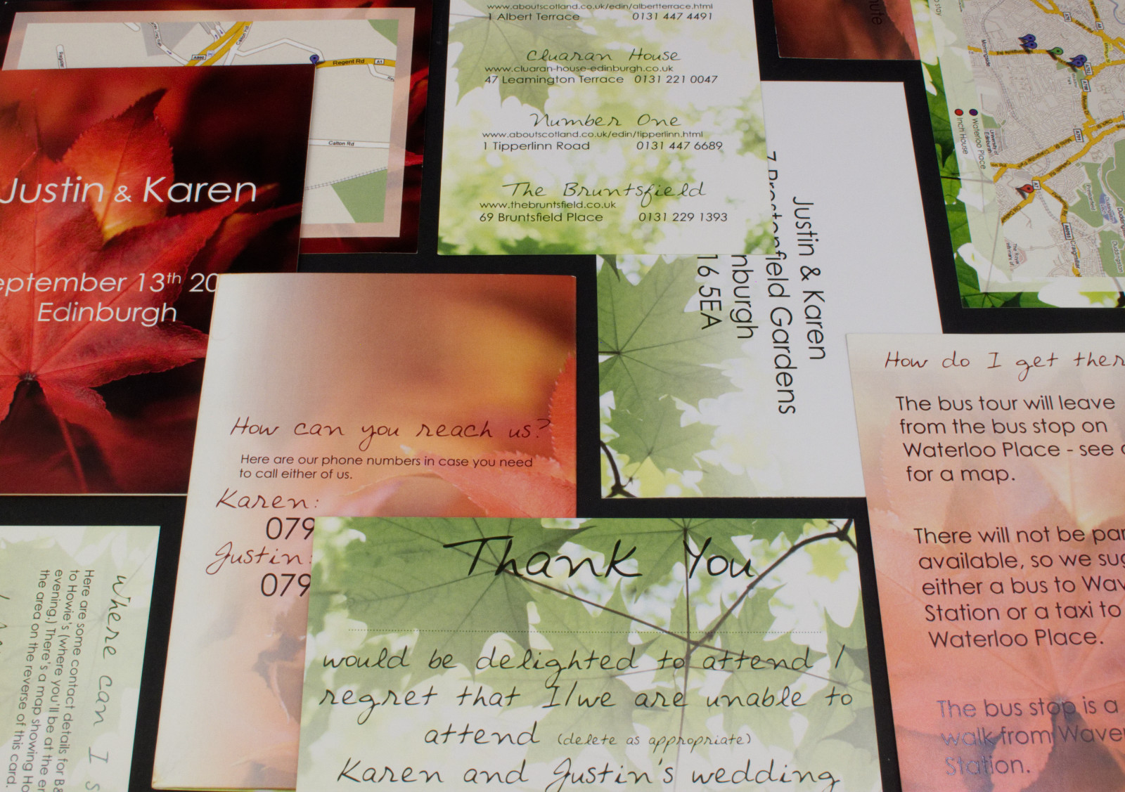 Jutin and Karen's little A6 invite packs contained two double sided information cards on the event itself, where to stay and other details, plus a stamped pre-addressed RSVP card